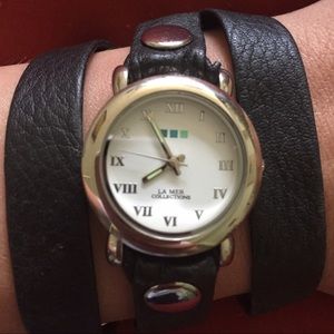 La Mer black leather wrap watch
