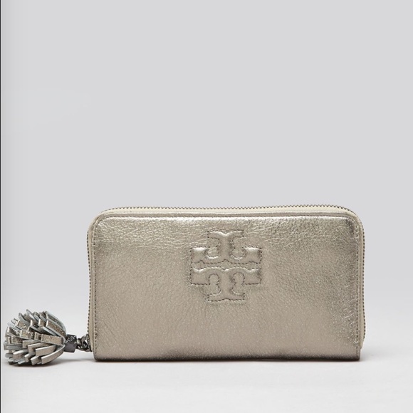 Tory Burch Zip Thea Pom-Pom Wallet Wristlet silver
