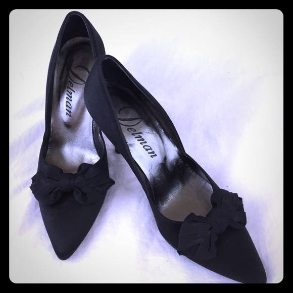 Delman Black Satin Heels with Bow