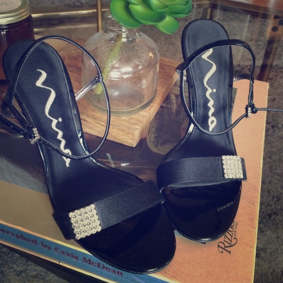Black satin and rhinestone 'barefoot' Nina heels