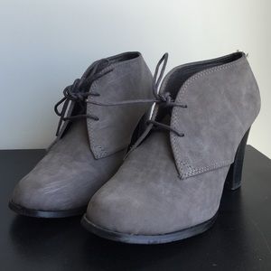 Light grey, stacked 3" heel lace-up booties