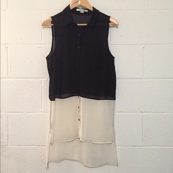 Black And White Color Blocked Chiffon Blouse Tank