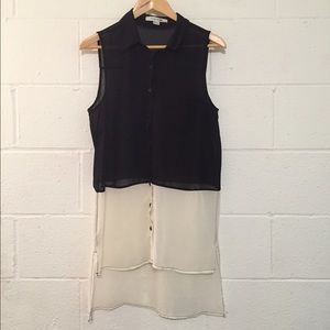 Black And White Color Blocked Chiffon Blouse Tank