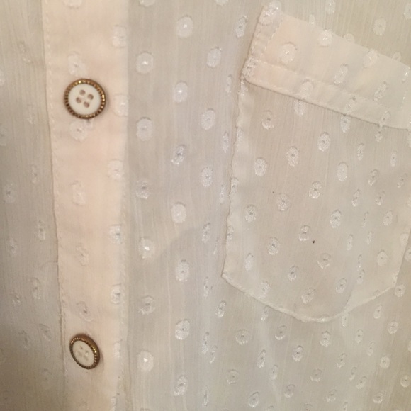 Cream Polka Dot Chiffon Button Cropped Top Blouse - Picture 2 of 3