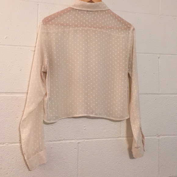 Cream Polka Dot Chiffon Button Cropped Top Blouse - Picture 3 of 3