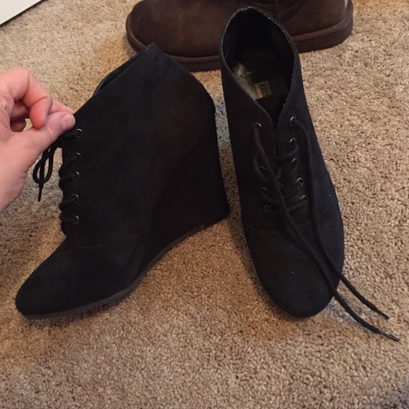 Lace up suede wedge booties