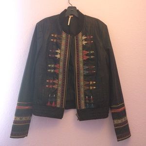 Free People Seamed & Embroidered Leather Jacket
