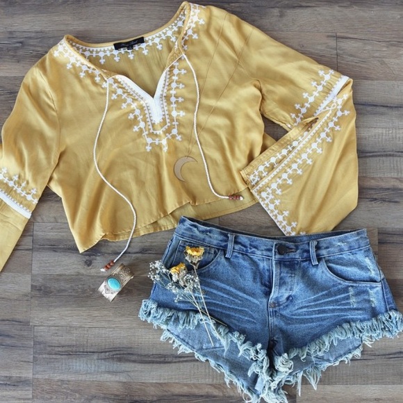 Tops - Yellow Embroidered Split Bell Sleeve Crop Top