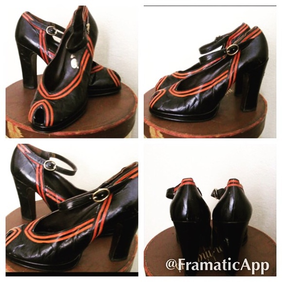 Vintage 70s Black Leather Platform Heels Shoes 8