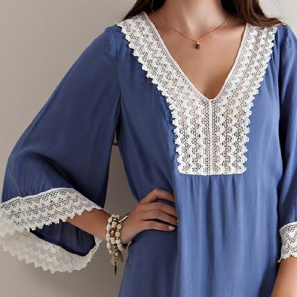 Boho Bell Sleeve Blue Lace Shift Dress Size Small - Picture 2 of 2