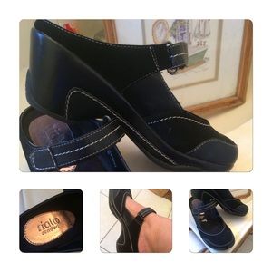 Black, Faux Leather Wedge Slip Ons W/Strap/Velco
