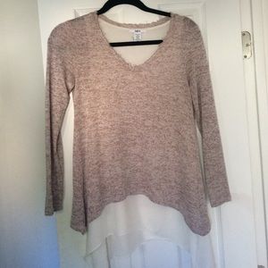 Bar III tan and cream layered crepe sweater
