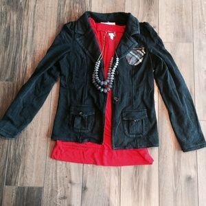 Black Sweatshirt Jacket with Plaid Pocket