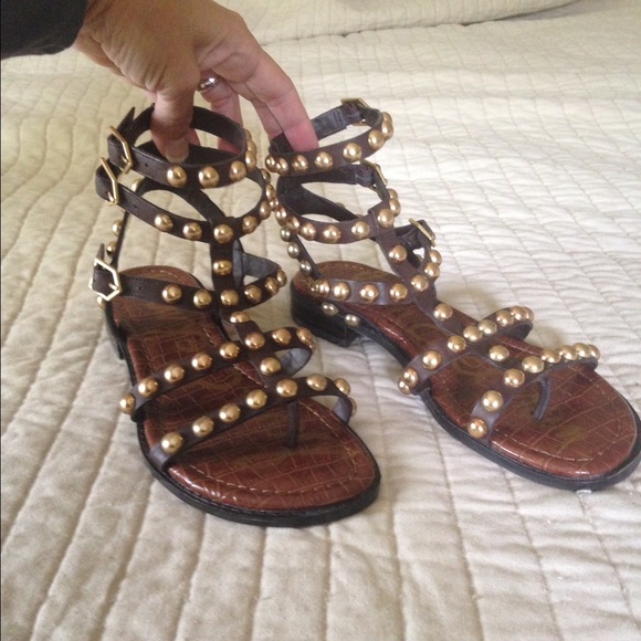 Super cute brown sandals with gold embellishments