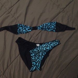 Blue and black two piece strapless Bikini