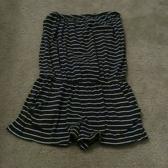 Navy and White Strapless Romper - Picture 1 of 3
