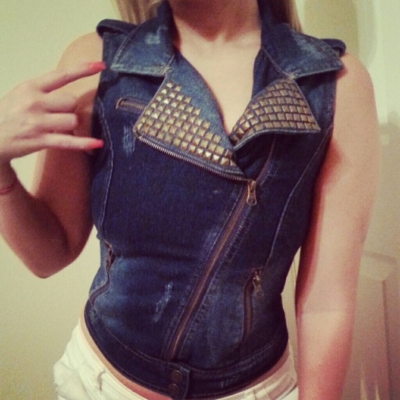 Rocker chic studded denim vest-small - Picture 1 of 3