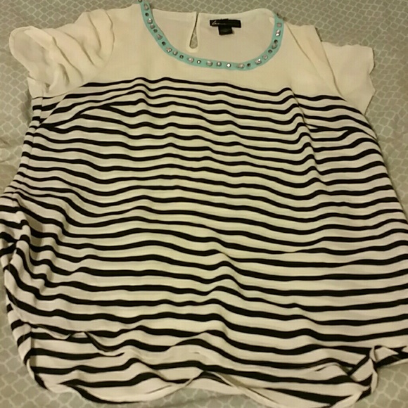 Black white  mint bejeweled short sleeved blouse