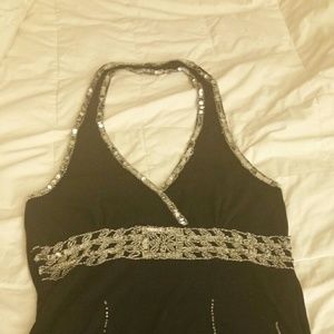 Sequined sheer black halter top