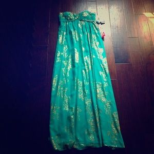 Dressy Aqua & Gold Flake Maxi Dress- New With Tags