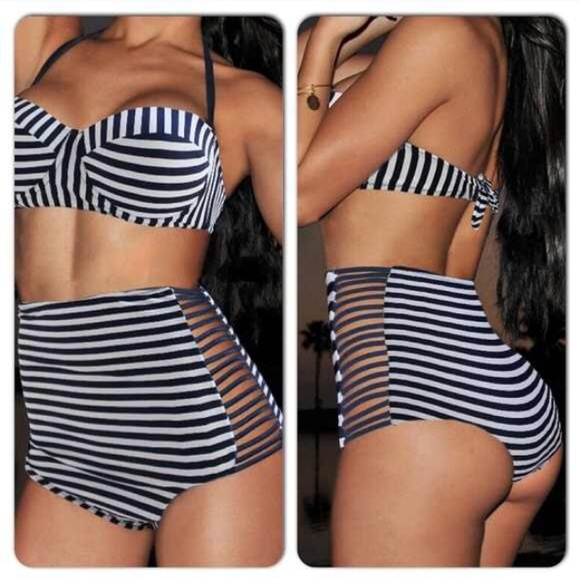 Other - Sexy Navy Blue White High Waist Bikini Swimsuit