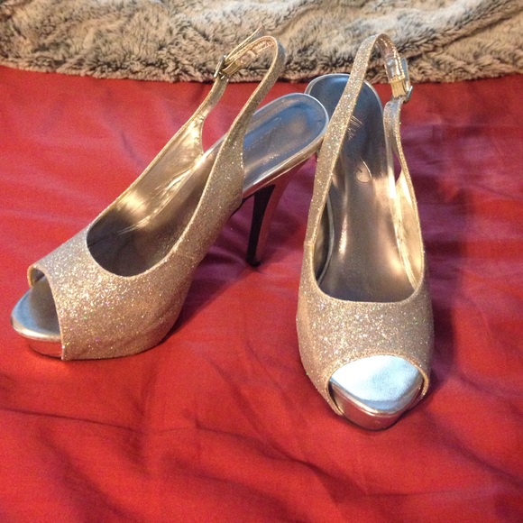 Silver platform slingback heels