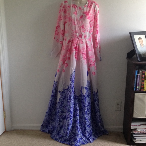 Pink/blue ombré floral maxi dress
