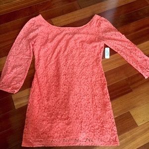 Coral Lace Dress with V back and Gold Zipper