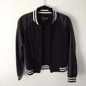 Leather varsity bomber jacket
