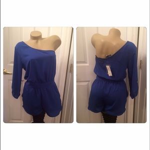 Bebe blue romper jumper one shoulder small nwt