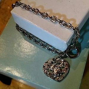 Silver Rhinestone Heart Toggle Bracelet