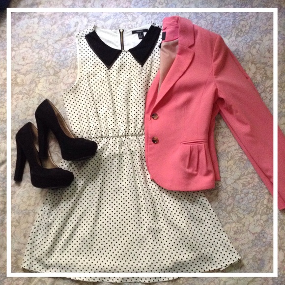 Forever 21 Dresses & Skirts - CLASSY White & Black Polka Dot Dress w/Mesh Collar