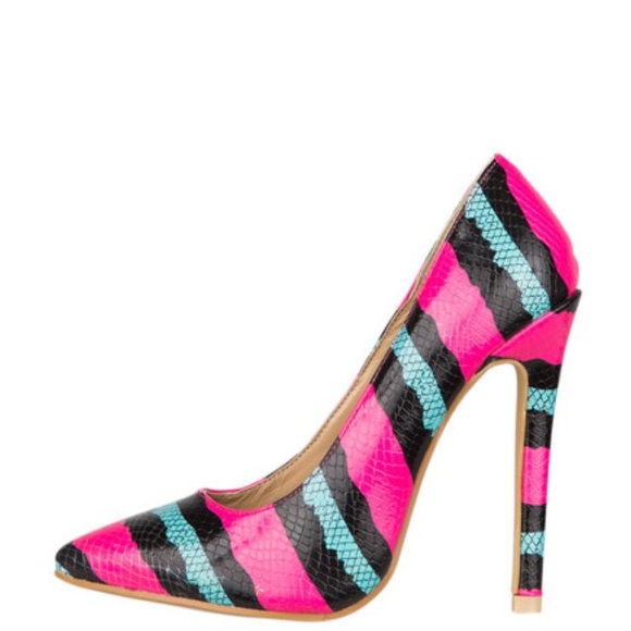 Black, pink & teal snake print pumps 4.5"