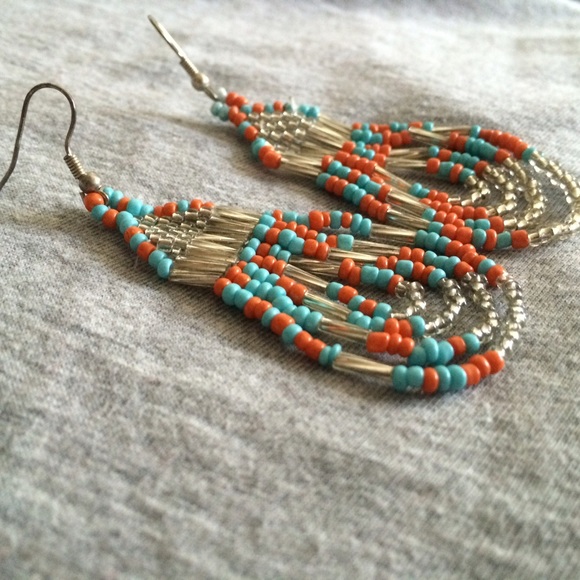 Turquoise, orange and silver beaded earrings