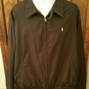 Black fall or spring mens  polo jacket. Tan stich