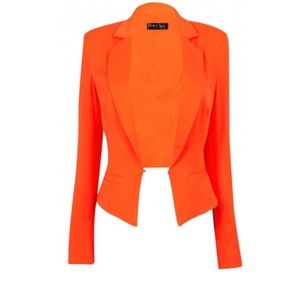 Neon orange crop tailored blazer.