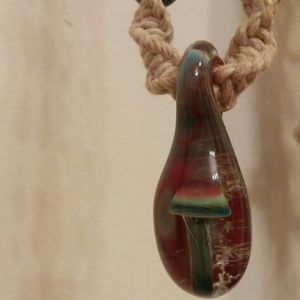 Multi-colored Glass Mushroom Bead Hemp Necklace