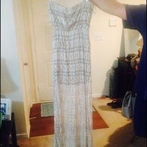 Tan/Off-White lace strapless maxi dress