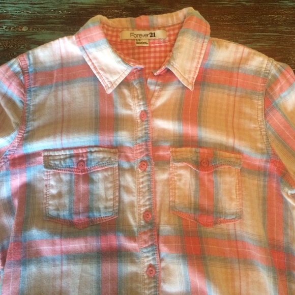 Pink & Blue Plaid Flannel Button Up Forever 21