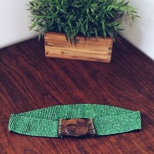 Anthropologie green beaded belt with wooden buckle