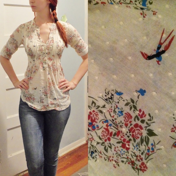 Wet Seal Tops - Flowy Long Slv. Blouse w/ Sparrow & Floral Pattern