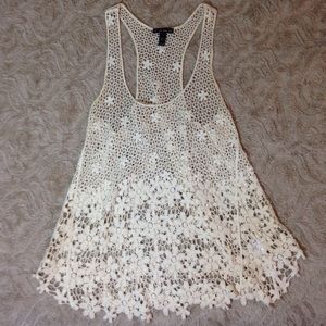 Cream Lace Tank Top with Flowers