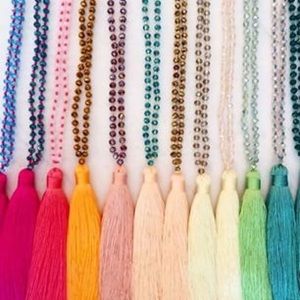 Zacasha grey tassel necklace with crystal beads.