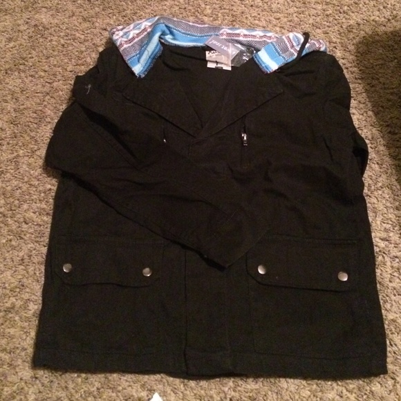 Utility jacket with tribal print hood