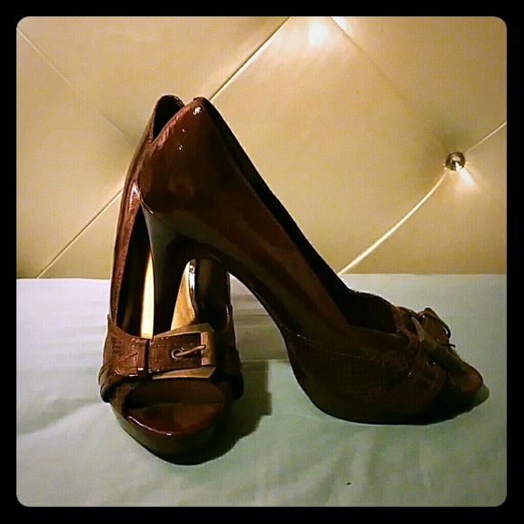Brown platform peep toe heels