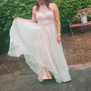 Aqua sleeveless illusion prom dress by Mori Lee