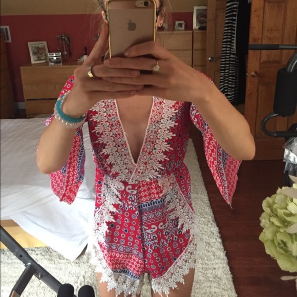 Red v neck boho romper