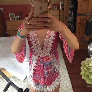 Red v neck boho romper