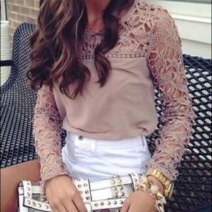 Rosey Brown Crochet Lace Panel Long Sleeve Blouse