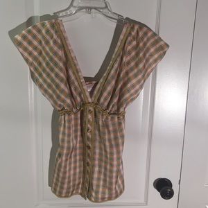 LaRok checkered top with mustard leather trim